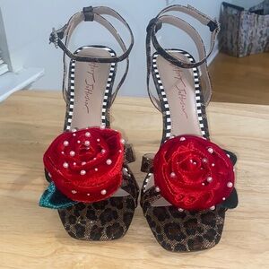 Betsey Johnson Leopard Heels with Red Rose Detail